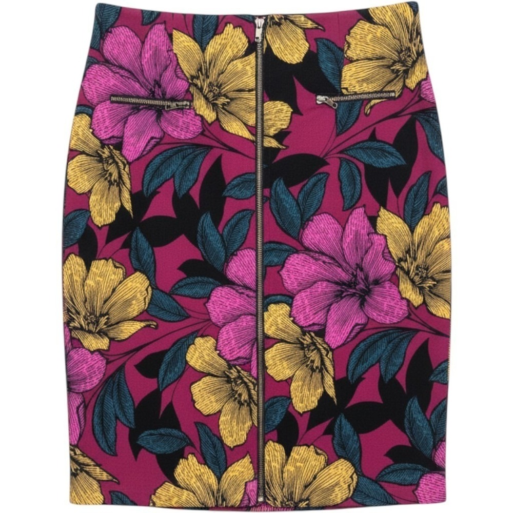 Worthington Petite Floral Pencil Skirt Magenta Yellow Full Zip Front Size 14P